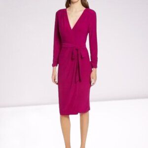 Eliza J NEW Ruched Long Sleeve Faux Wrap Midi Dress Size 12 Magenta